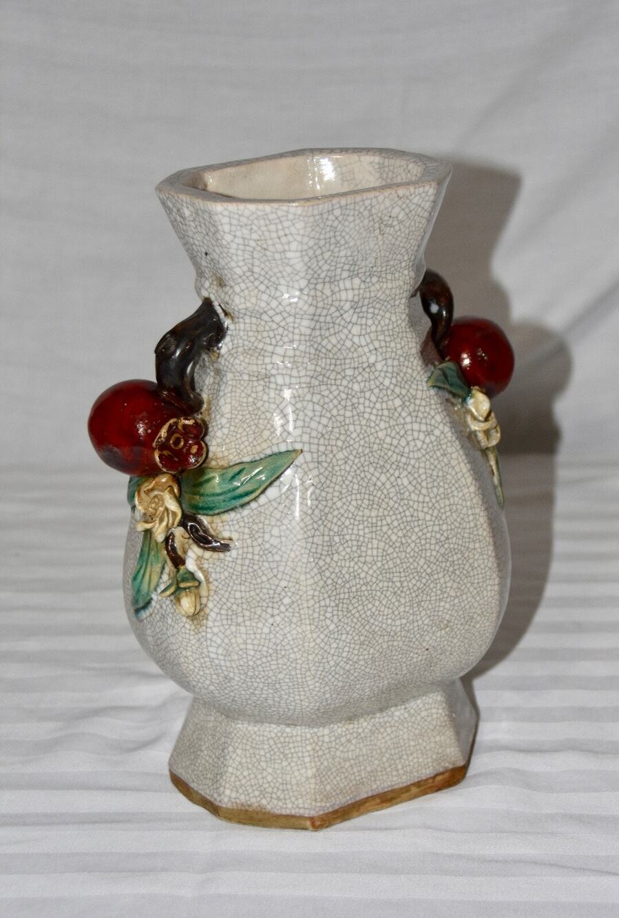 Majolica Chinese Crackle Ceramic Stoneware Vase With Pomegranates Handles
